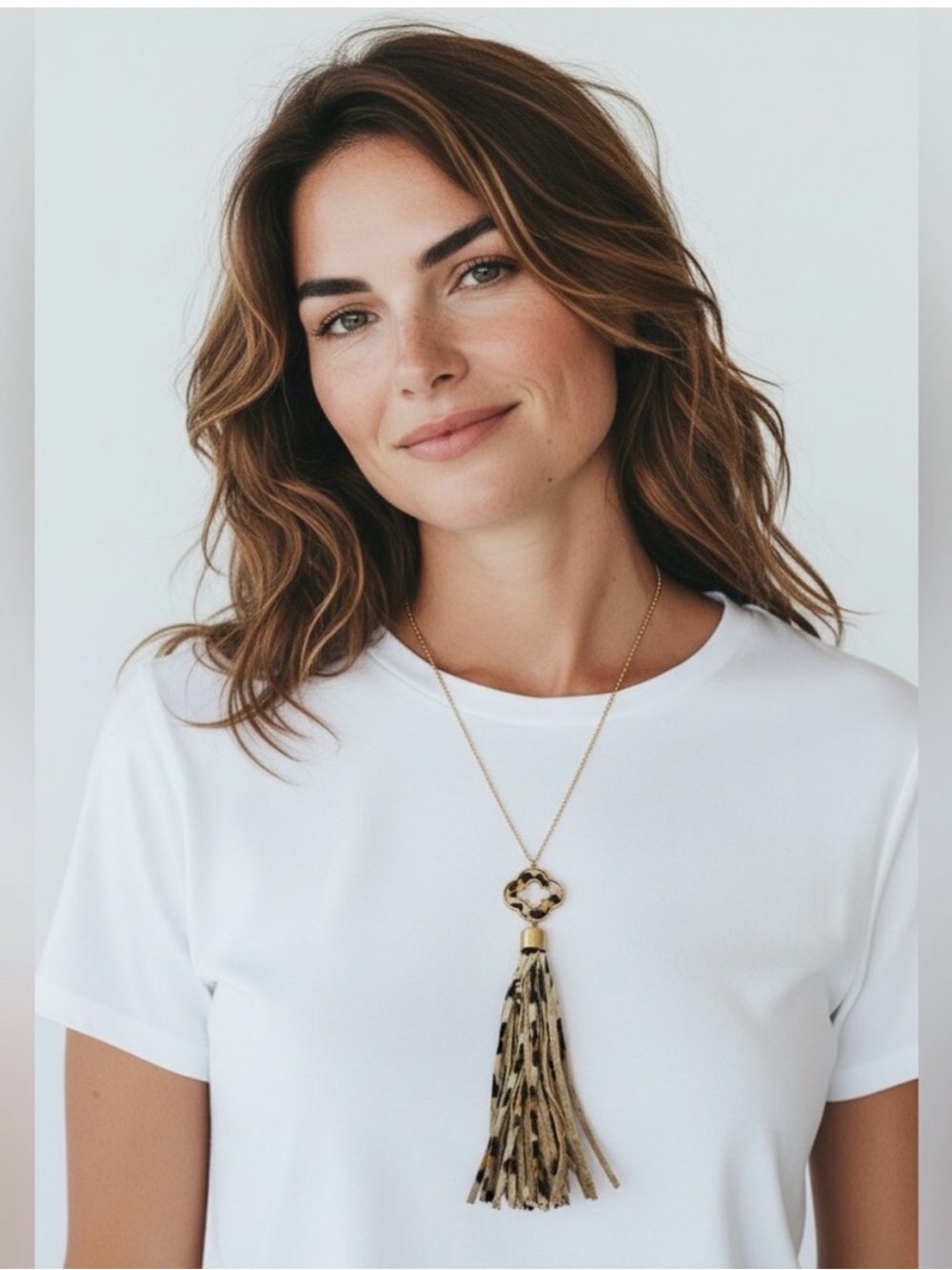 Gold Tassel Pendant Necklace with Leopard Print Tassel
